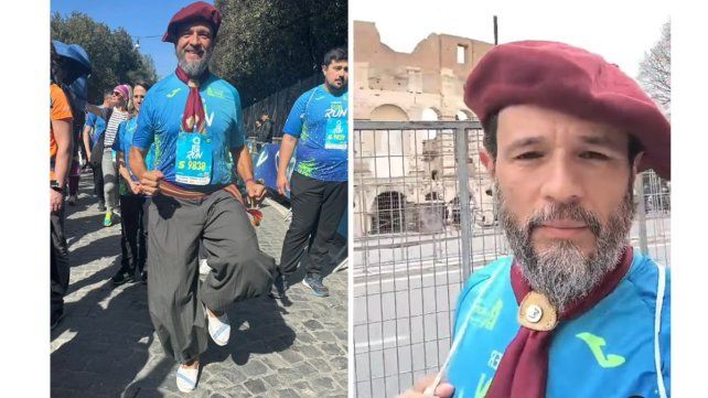 Daniel Brondani corrió este domingo en la famosa maratón de Roma de 42 kilómetros. La particularidad es que lo hizo vestido con prendas gauchas Daniel Brondani corrió este domingo en la famosa maratón de Roma de 42 kilómetros. La particularidad es que lo hizo vestido con prendas gauchas