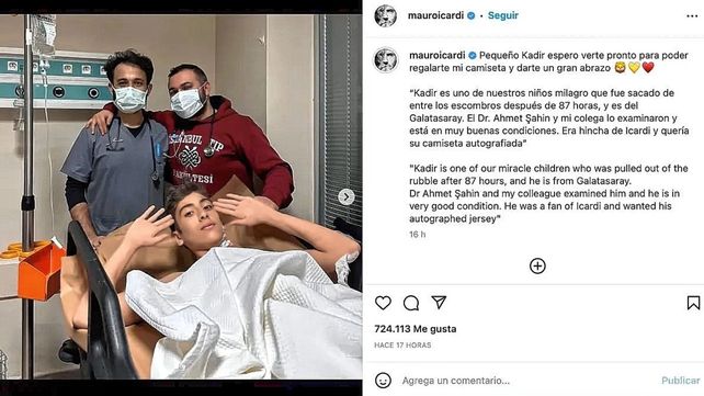 Gesto de Mauro Icardi con chico rescatado tras el terremoto