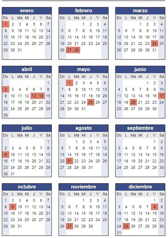 El calendario de feriados nacionales previstos para este 2017