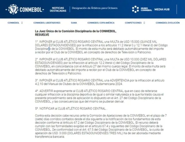 Copa Sudamericana: Central recibió una multa económica de parte de la Conmebol