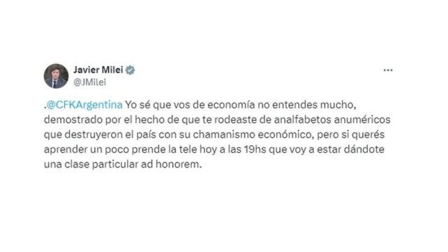 Javier Milei le respondió a Cristina Fernández: Yo sé que vos de economía no entendés mucho