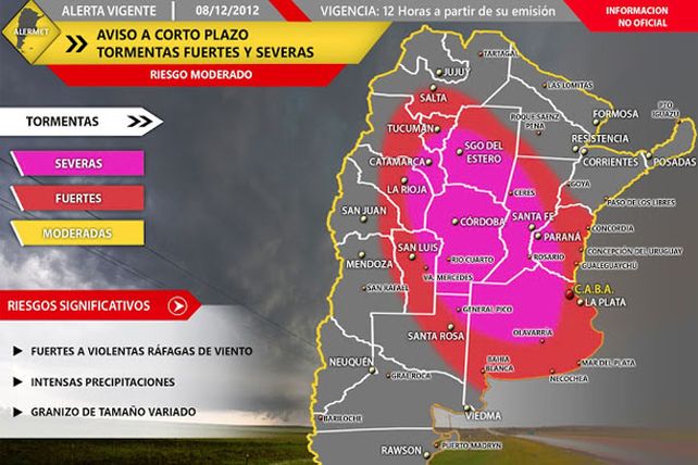 Rigen dos alertas que abarcan a toda la provincia, por tormentas fuertes
