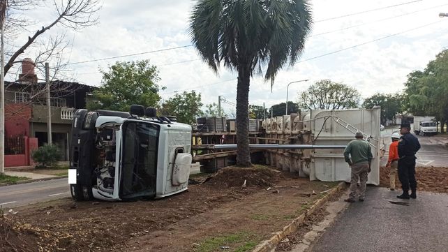 Un camión que descargaba tierra para el cantero central de avenida Ramírez norte
