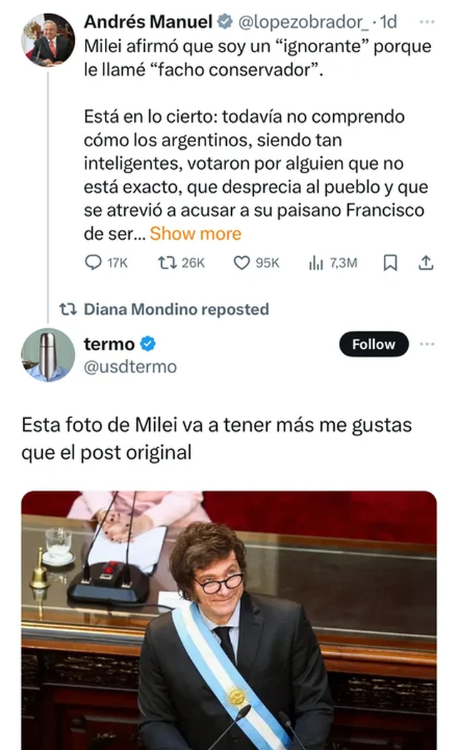 El reposteo de Diana Mondino para pedir likes a una foto de Milei, dentro de una respuesta a la contestación de López Obrador.