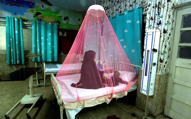Una madre cuida a su hijo que sufre de dengue