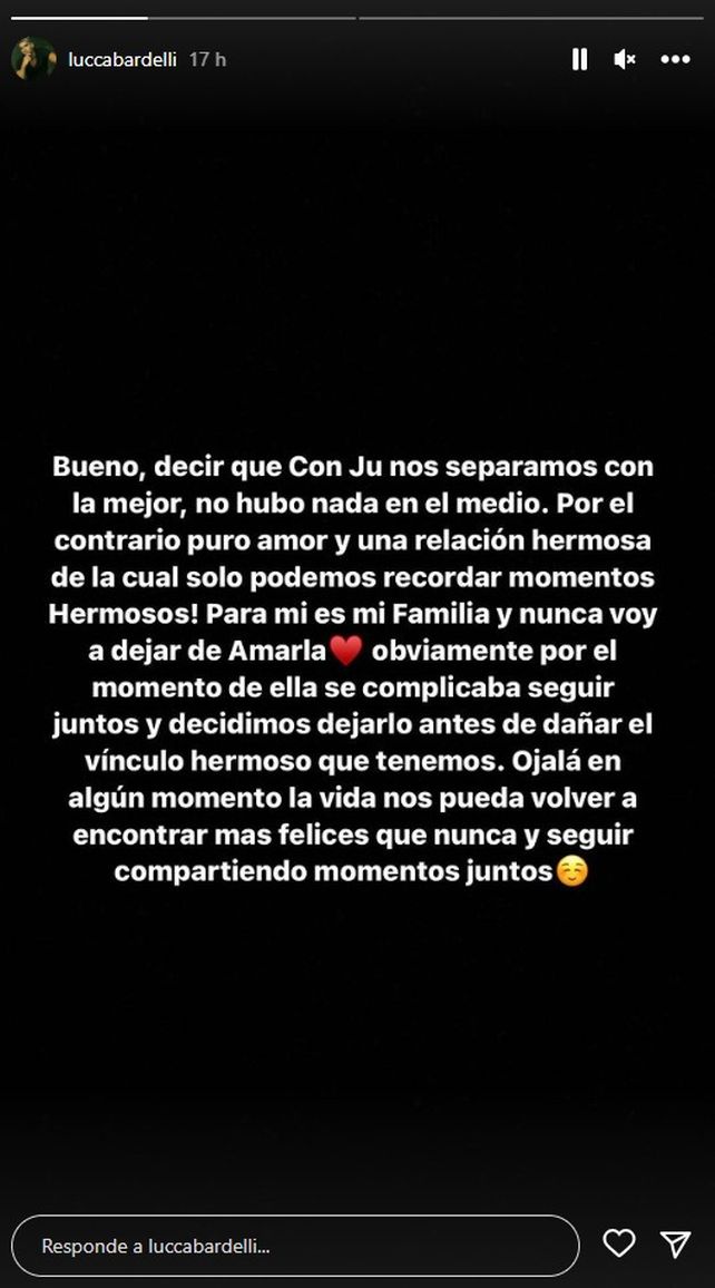 Luca Bardelli habló en sus historias de Instagram sobre la separación de Julieta Poggio. 
