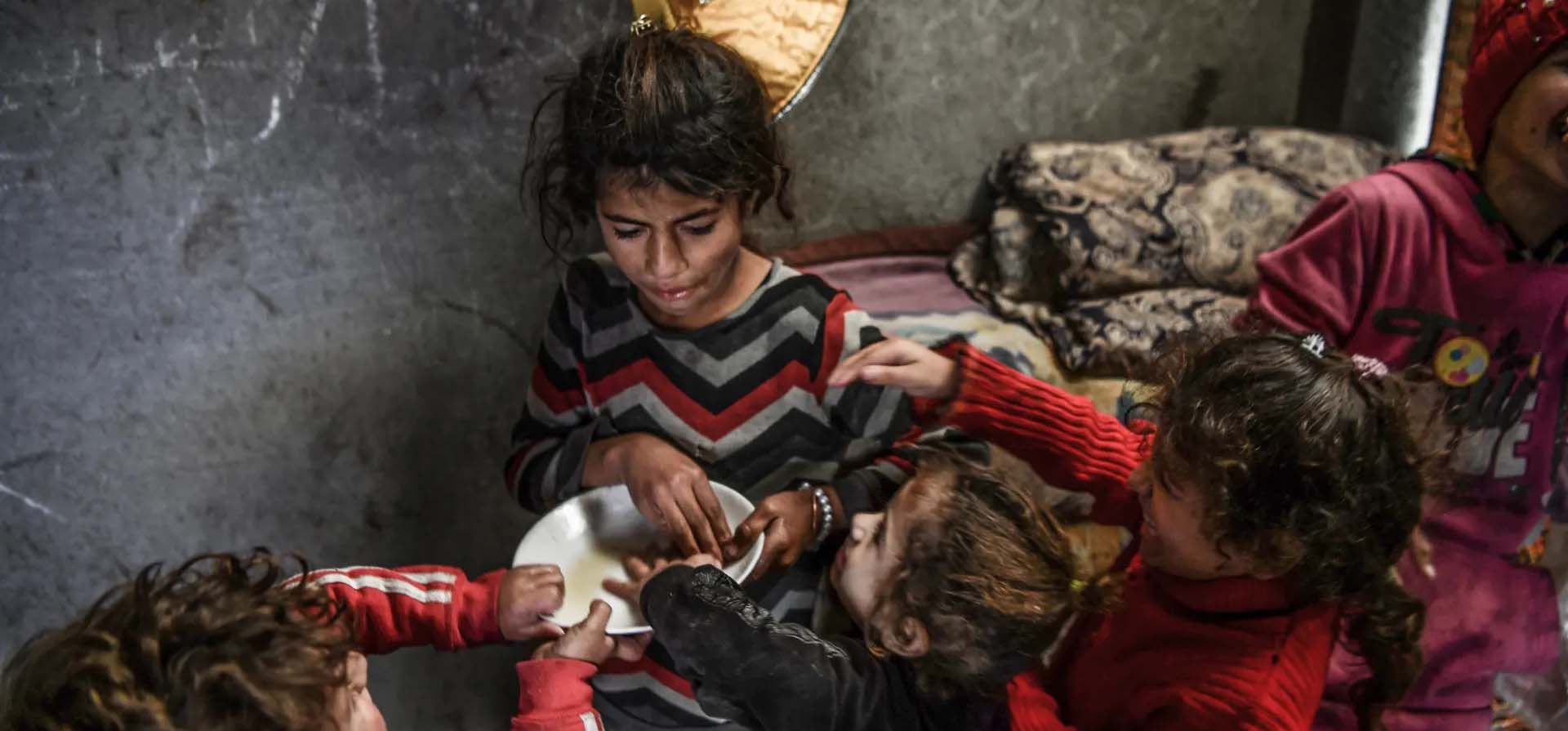 Los niños comen de un solo cuenco dentro de una tienda de campaña en un campo de refugiados, Rafah, Gaza. Fotografía: Abed Zagout Anadolu/Anadolu/Getty Los niños comen de un solo cuenco dentro de una tienda de campaña en un campo de refugiados, Rafah, Gaza. Fotografía: Abed Zagout Anadolu/Anadolu/Getty