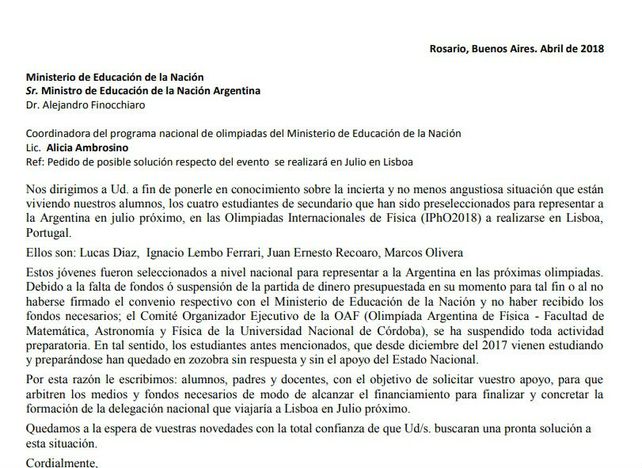 La carta que escribieron los estudiantes pidiendo apoyo para ir al Mundial de Física