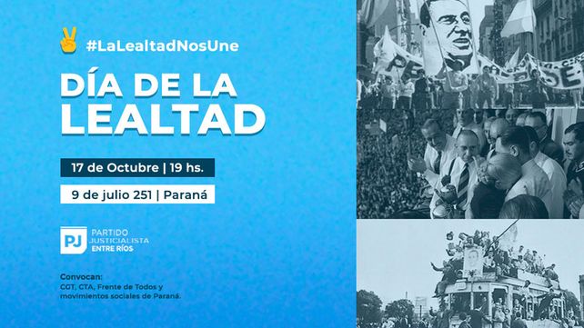 El PJ Entre Ríos celebrará el Día de la Lealtad en Paraná