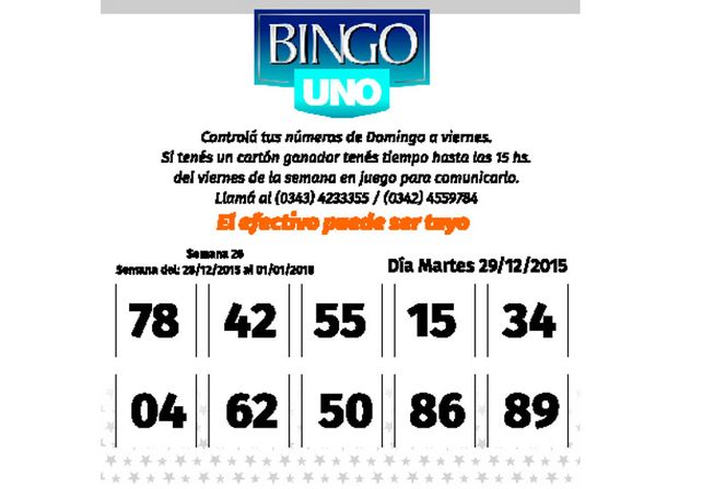 Números del BINGO UNO de la semana del 28 de diciembre al 1 de enero