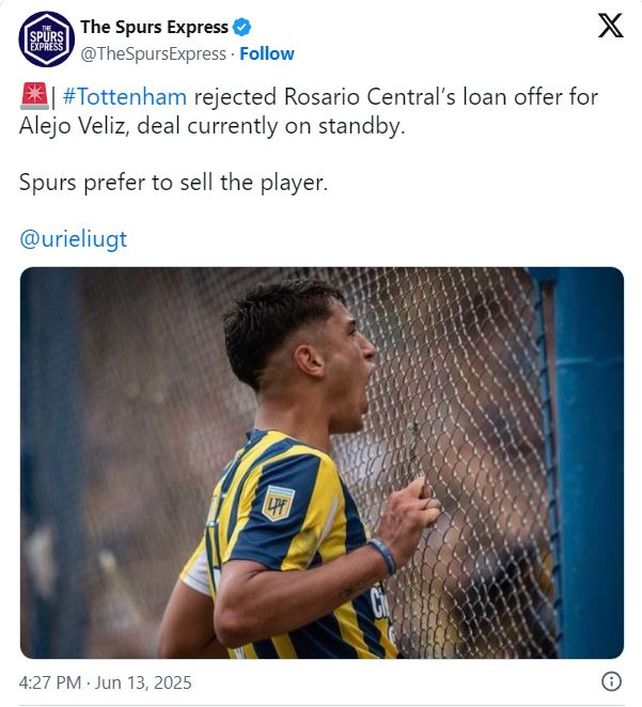 Tottenham no está dispuesto a ceder a Veliz a préstamos, al menos a Central. Pese a ello, la negociación continúa.