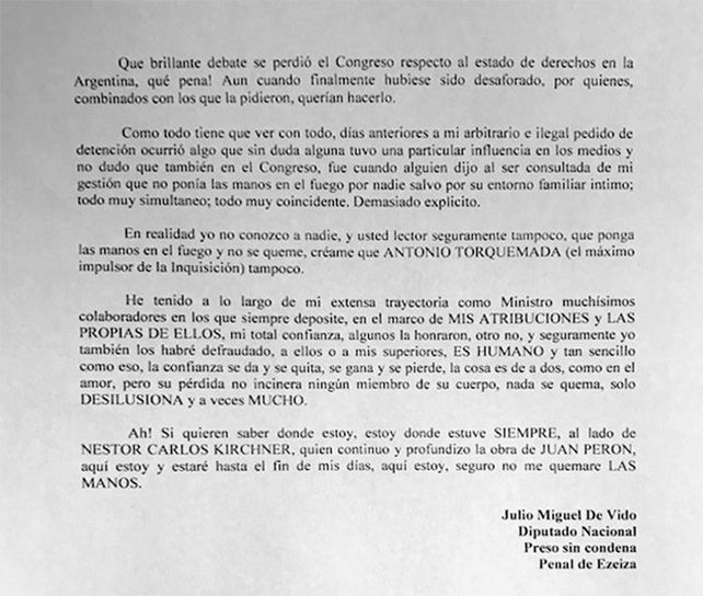 La durísima carta de De Vido apuntando a Cristina Kirchner
