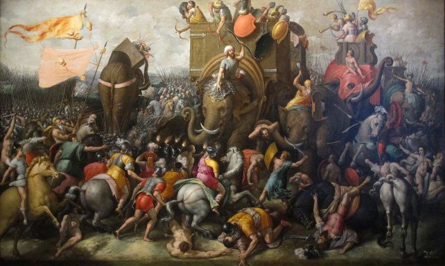 Un óleo de Cornelis Cort de 1570 muestra los elefantes de Aníbal Barca enfrentando a las tropas romanas de Escipión. (Museo Pushkin de Moscú)