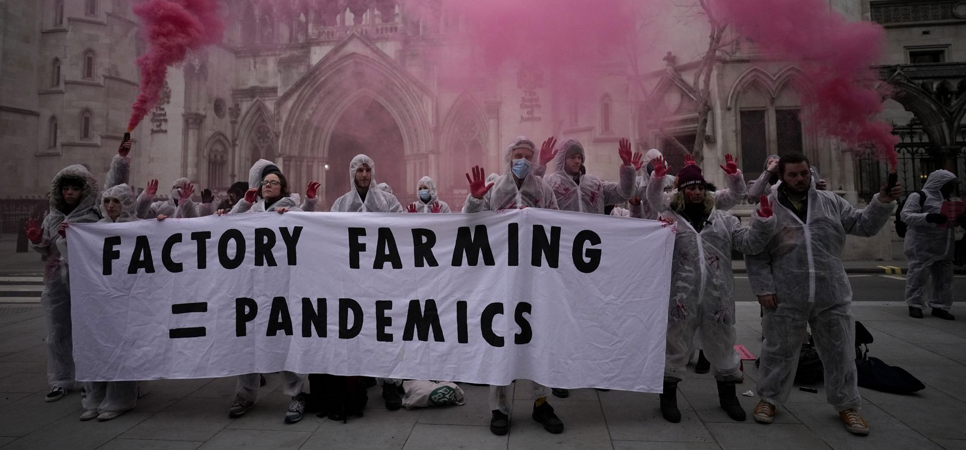 Activistas sostienen bengalas y una pancarta mientras participan en una protesta para exigir el fin de la agricultura industrial, frente al Tribunal Superior de Londres, el martes 25 de enero de 2022.