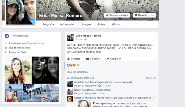 La extraña publicación en la cuenta de Facebook de Erica Romero