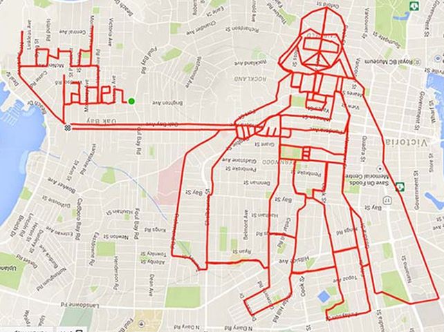 El joven canadiense realiza viajes con su bicicleta y el GPS hace el resto del trabajo artístico.