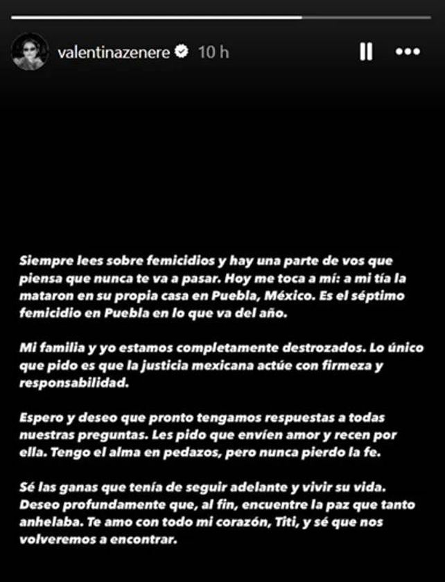 El desgarrador posteo de Valentina Zenere tras el asesinato de su tía: Tengo el alma en pedazos