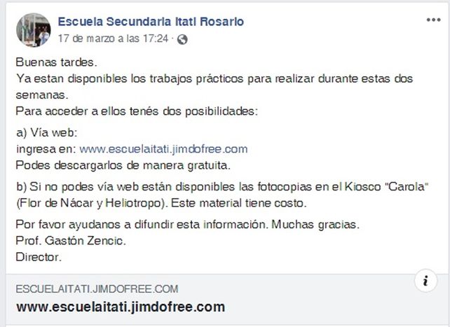 Comunicado vía Facebook del diarector de la Escuela Nuestra Señora de Itatí de barrioLas Flores. Prácticos por la web y en el kiosco.