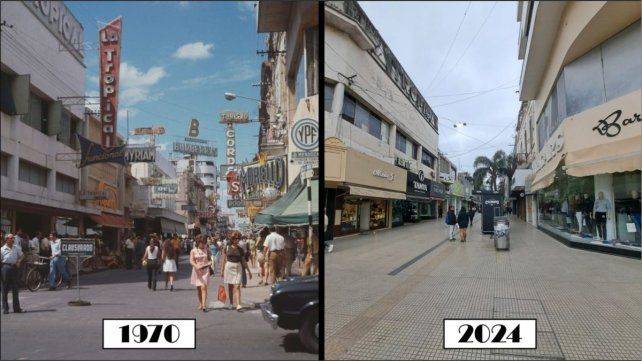 Comparativa de la esquina de peatonal San Martín y calle Mendoza en 1970 y en 2024.