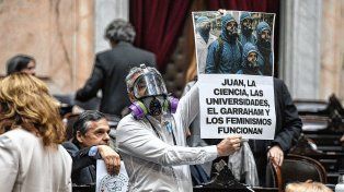 El diputado santafesino Esteban Paulón en el recinto de Diputados vestido con la máscara de El Eternauta sosteniendo una pancarta.