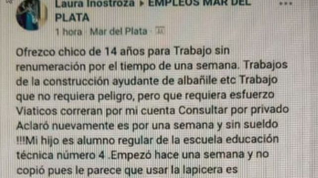 Ofreció a su hijo de 14 años para trabajar sin remuneración y darle una lección de vida