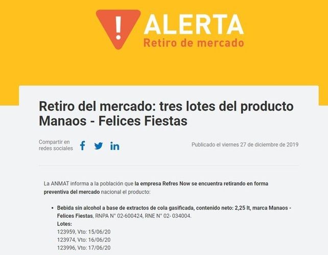 Ordenan retirar del mercado tres lotes de gaseosa Manaos