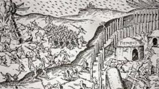 El dibujo de época recrea la caída del primer fuerte en manos de laS tribus originarias.
