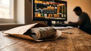 Billetes de dólar guardados frente a una pantalla de cotizaciones de divisas