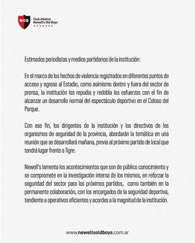 Newells repudió la violencia y tomará medidas para garantizar el trabajo de la prensa