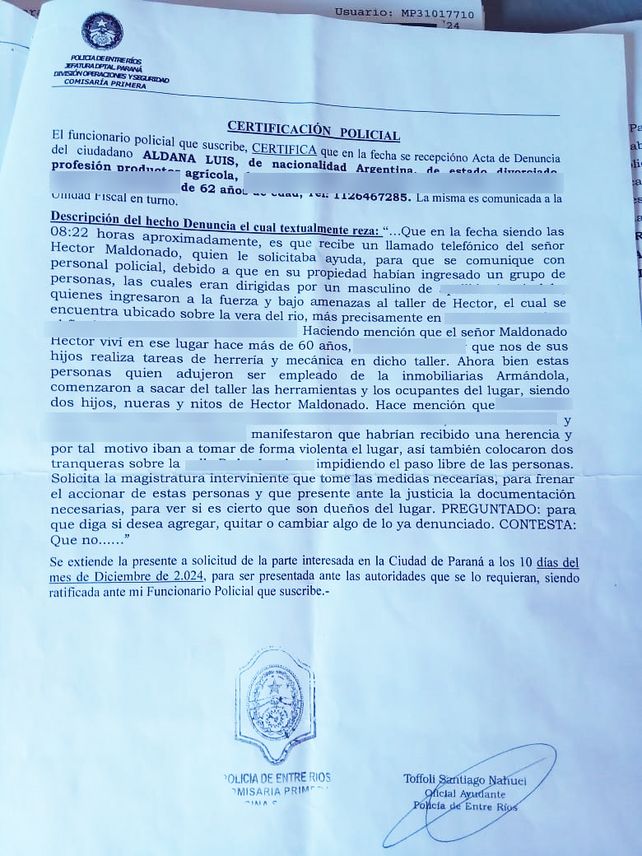 Borde costero de Paraná: una familia denuncia amenazas y ataques para que desalojen
