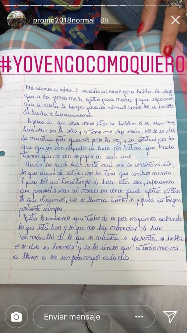 Yo vengo como quiero. Los chicos de la escuela redactaron una carta contra el bullying.
