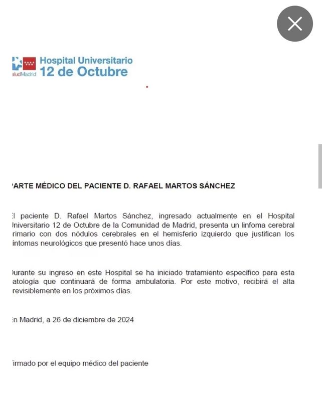 El parte médico del Hospital Universitario 12 de Octubre de Madrid, en el que informan el diagnóstico de Raphael