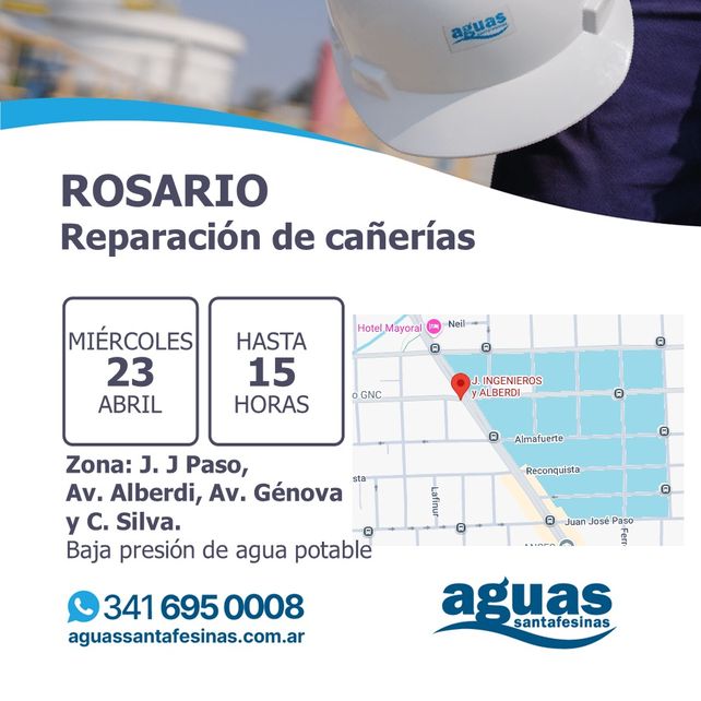 Aguas Santafesinas S. A. (Assa) anunció la reparación de una cañería en Alberdi y José Ingenieros.
