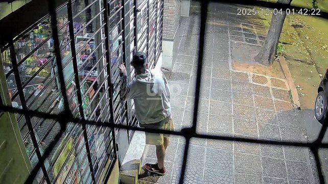 Sobre calle Ituzaingó. Un delincuente intentando treparse al balcón de un edificio y llevándose las luces de un almacén de barrio Candioti Sur.