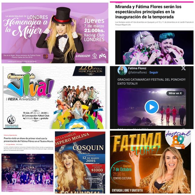Los flyers de los festivales públicos -de entrada libre y gratuita- en los que Fátima Florez participó a lo largo de los años&nbsp;