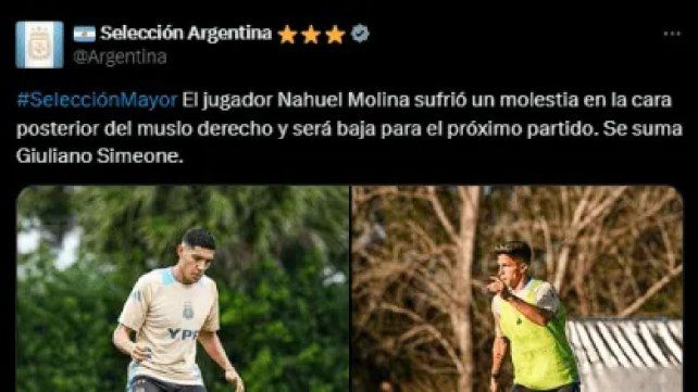 El comunicado oficial de la Selección Argentina en la red social X.