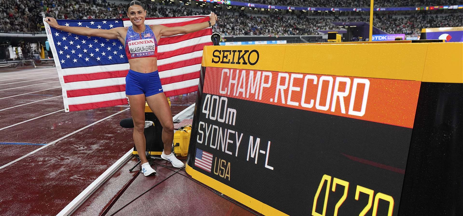 La estadounidense Sydney McLaughlin-Levrone celebra tras ganar la final femenina de 400 metros en el Campeonato Mundial de Atletismo en Tokio, el jueves 18 de septiembre de 2025. (Foto AP/Ashley Landis) La estadounidense Sydney McLaughlin-Levrone celebra tras ganar la final femenina de 400 metros en el Campeonato Mundial de Atletismo en Tokio, el jueves 18 de septiembre de 2025. (Foto AP/Ashley Landis)