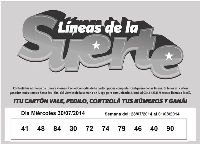 Números que corresponden al MIÉRCOLES 30 de JULIO.