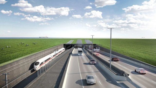 Render de uno de los ingresos al túnel submarino entre Alemania y Dinamarca.