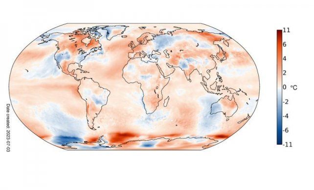 &nbsp;Anomalía de la temperatura del aire en superficie para junio de 2023 en relación con el promedio de junio para el período 1991-2020. Fuente de datos: ERA5.
