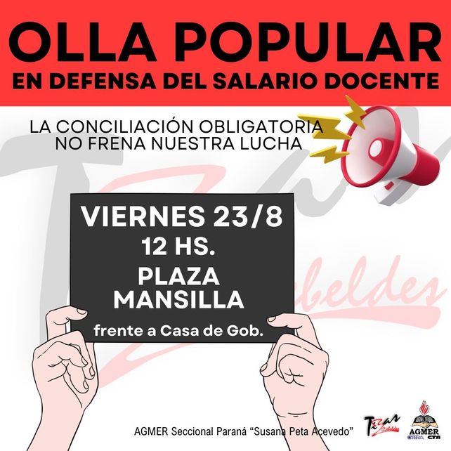 Agmer Paraná realiza este viernes una olla popular en Plaza Mansilla