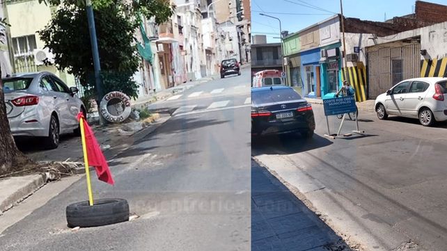 Otra hendidura en el asfalto en calle Urquiza y Concordia señalizada por vecinos para evitar accidentes.