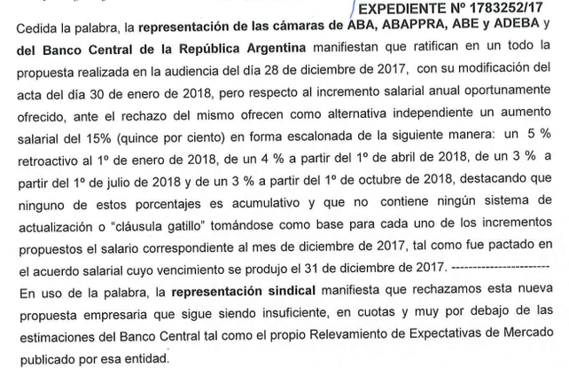 Banqueros elevaron la oferta pero los bancarios rechazaron la propuesta