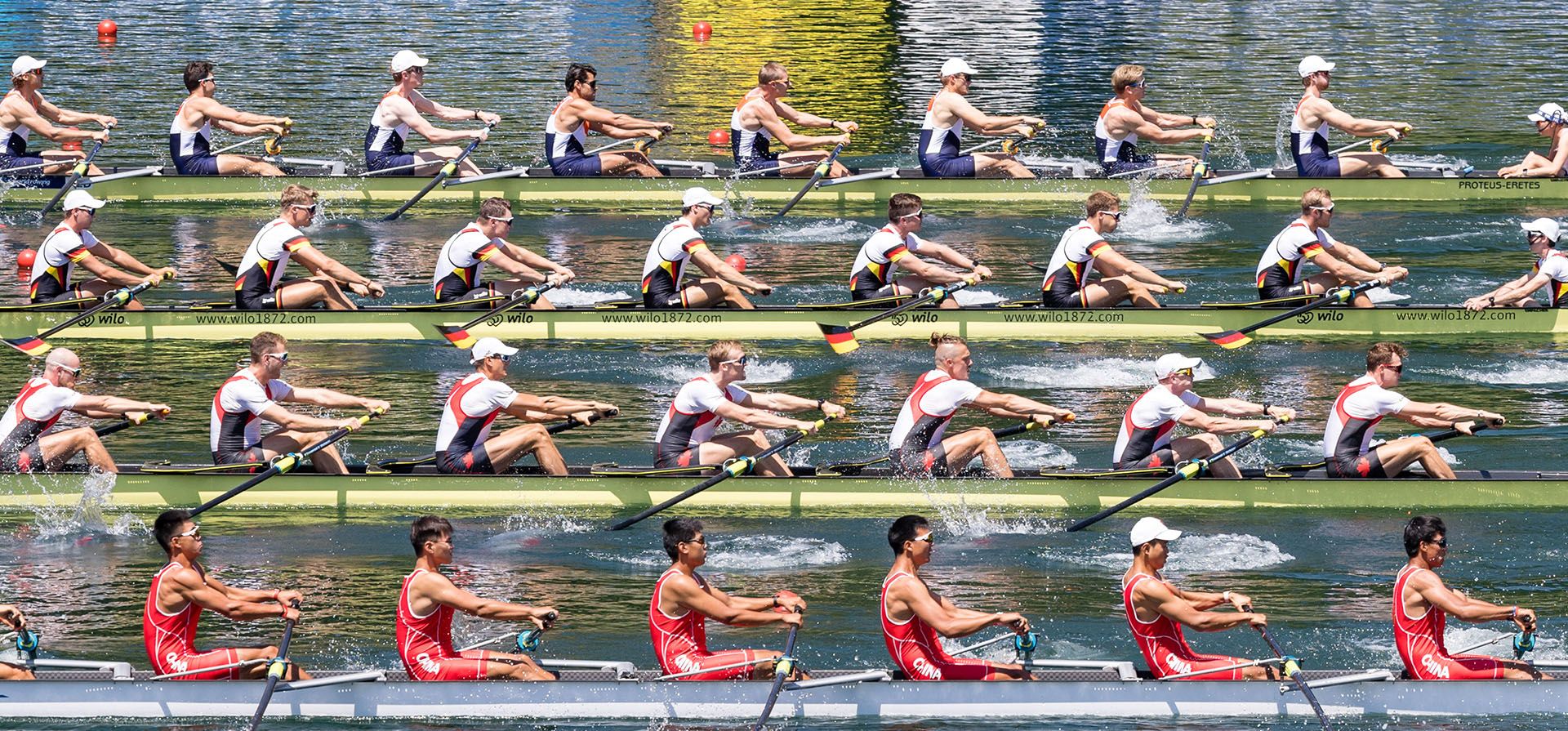 Los equipos de Holanda, Alemania, Canadá, y China, compiten en las eliminatorias de los Ocho Hombres durante el día 1 de la Copa Mundial de Remo 2022 en Rotsee el 8 de julio de 2022 en Lucerna, Suiza.