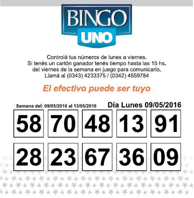 Números del BINGO UNO de la semana del 9 al 13 de Mayo