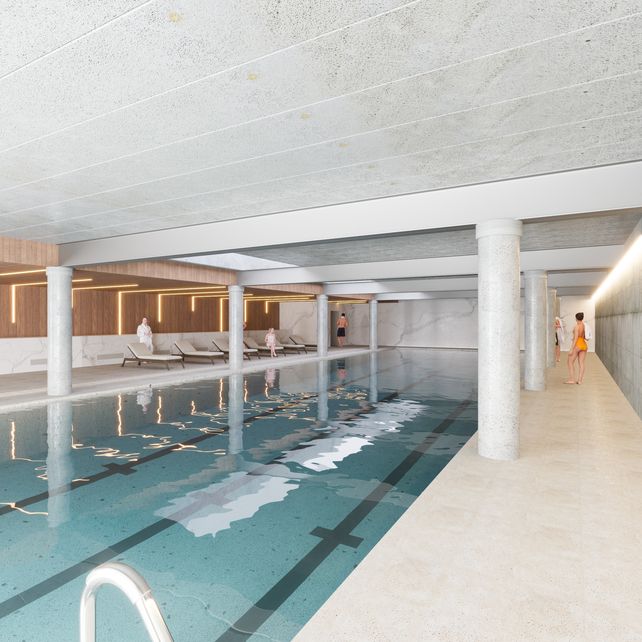 Así se verá la piscina que va en el subsuelo del complejo. Esa área se inaugurará después del verano, estiman que estará lista para marzo.