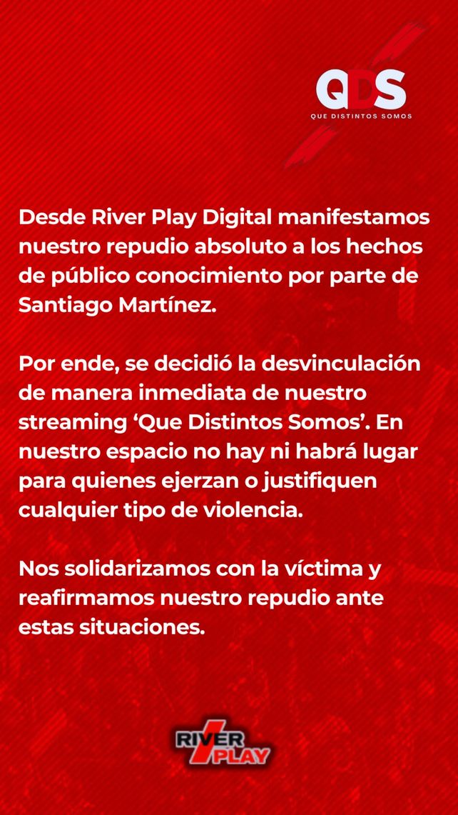 La historia de Instagram en la que el medio River Play Digital comunicó la desvinculación del Santiago Martínez del trabajo