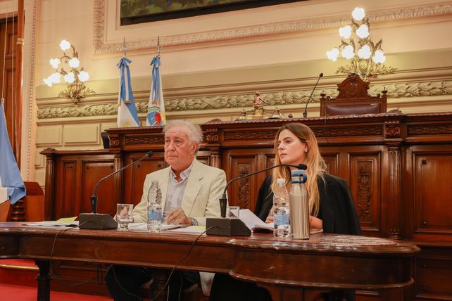 El senador Raúl Gramajo y la diputada Lionella Cattalini, durante la audiencia pública realizada en la Legislatura.