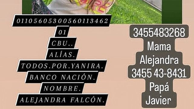 Colaborar. A través de la cuenta bancaria se puede ayudar a la familia de Yanira.