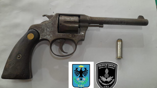 El arma de fuego y la bala calibre 38 que el chico llevaba en su mochila.&nbsp;